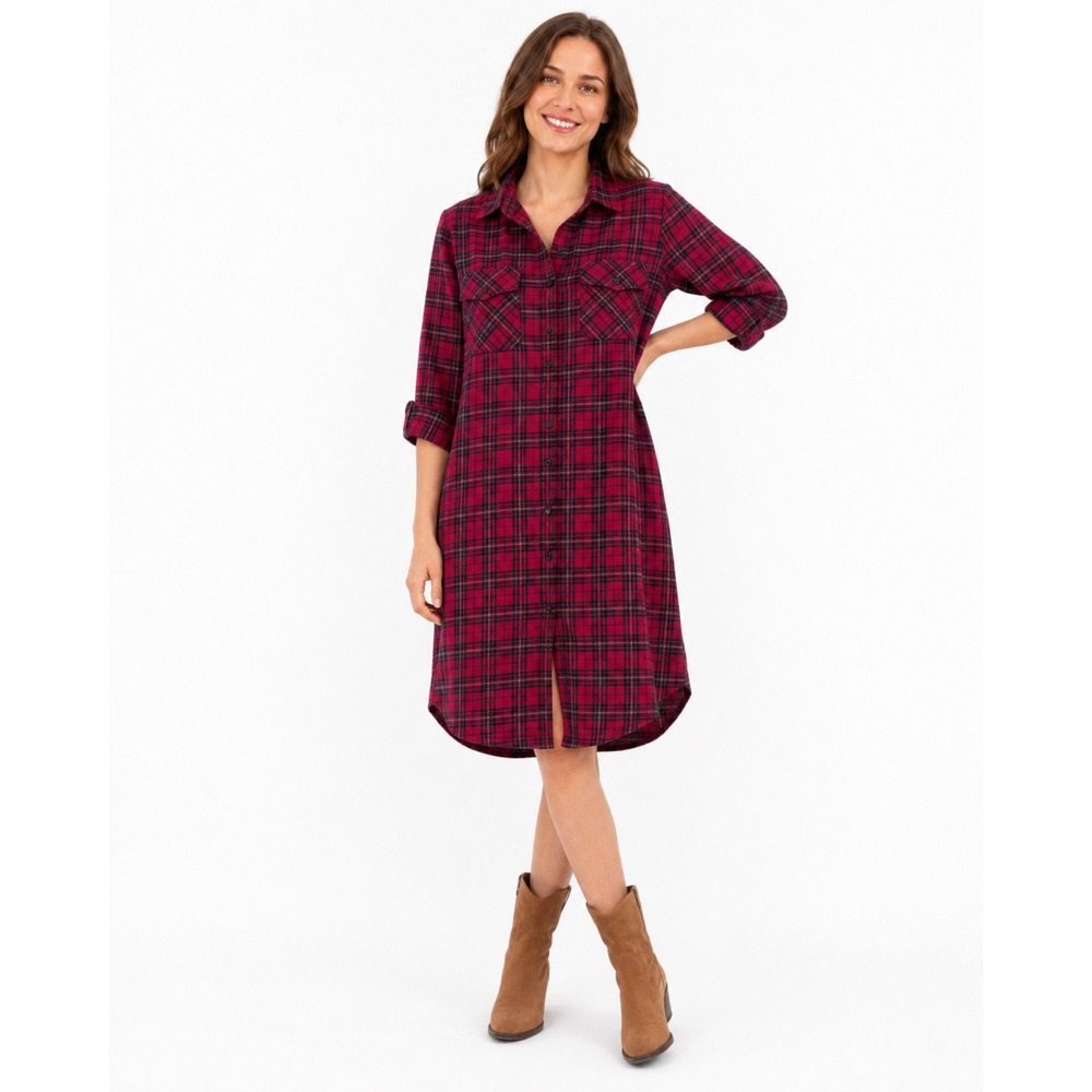 Natural Life Cooper Flannel Shirt Dress M Red Plaid Cotton Boho Duster Midi